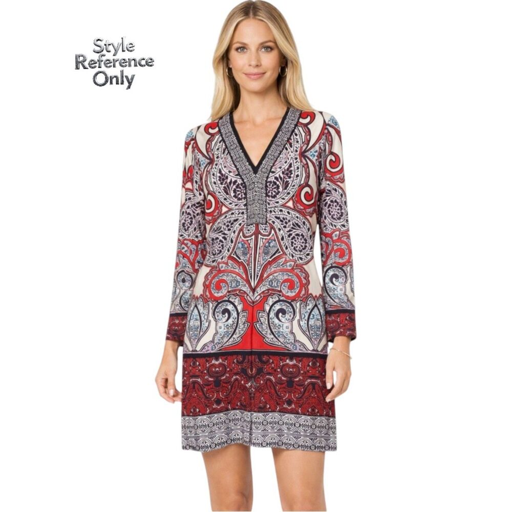 Hale Bob Red Paisley Jersey Shift Mini Dress Long Sleeve V-Neck Size Medium EUC